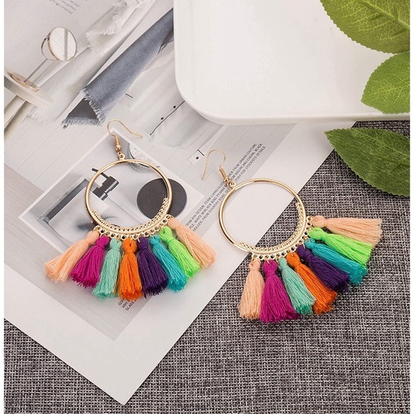 Bohemian Tassel Hoop Earrings - Picture 3 of 4